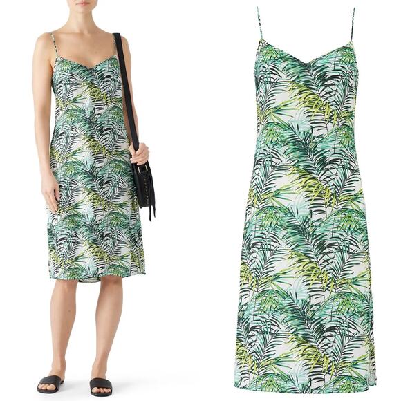 Louna Palm Printed Dana Dress Womens Size Small Green White Slip Midi Satin - Picture 1 of 10